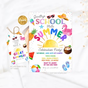 Goodbye School Hello Summer Invitation Editable, End of School Party Invite, Pool Party Invitation Template Printable