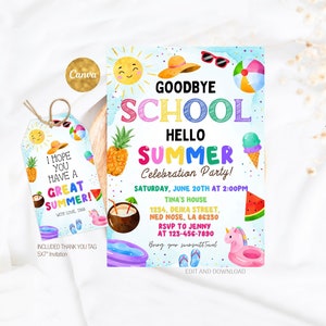 Goodbye School Hello Summer Invitation Editable, End of School Party Invite, Pool Party Template Printable