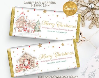 May include: Two printable candy bar wrappers with a gold and white background. The wrappers feature a watercolor illustration of a Christmas scene with a house, a tree, and a snowman. The text on the wrappers reads "Merry Christmas" and "Wishing you a wonderful Holiday Season from the Jason Family".