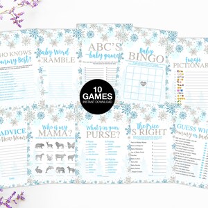 May include: Ten printable baby shower games with a snowflake and blue and silver glitter theme. The games include: Who Knows Mommy Best?, Baby Word Scramble, ABC's Baby Game, Baby Bingo, Emoji Pictionary, Advice for the New Mom, Who is My Mama?, What's in Your Purse?, The Price is Right, and Guess Who Mommy or Daddy.
