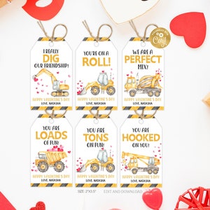 Étiquettes de construction Saint-Valentin, étiquette modifiable pour enfants école Saint-Valentin, étiquettes de camion à benne basculante, modèle d'étiquettes de régal de la Saint-Valentin imprimable