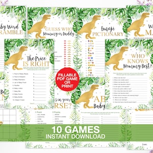 Pacote de jogos de chá de bebê de dinossauro, jogo de bebê de dinossauro para impressão, pacote de jogos de chá de bebê de dinossauro, cartão de jogos de dinossauro, download instantâneo em PDF