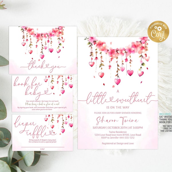 A little Sweetheart Baby Shower Invitation Bundle Editable, Valentine Baby Shower Invite Set Template Diaper Raffle, Book for Baby, Digital