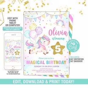 Unicorn Birthday Invitation Editable Any Age,Unicorn Party, Unicorn Birthday Invitations, Magical Unicorn Invitation Templete Digital