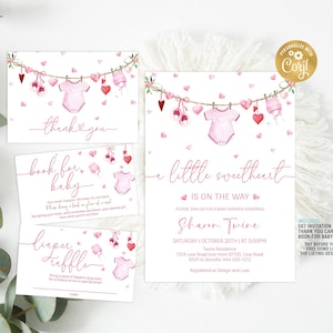 Un petit lot d'invitations pour baby shower en coeur modifiable, Saint-Valentin Baby Shower inviter ensemble modèle tombola de couches, livre pour bébé, numérique