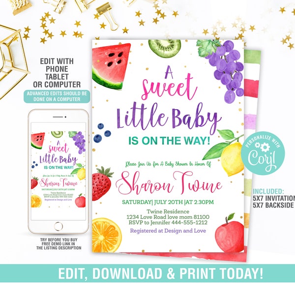 Fruit Baby Shower Invitation EDITABLE, Summer Baby Shower Invitation, Sweet baby Shower Invitation, Fruit Themed Baby Shower Invite