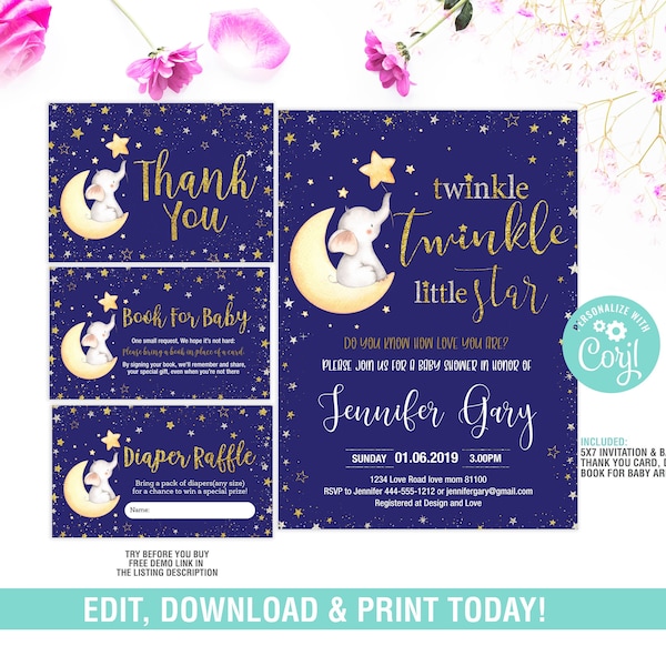 Twinkle Twinkle Little Star Baby Shower Invitation Set, Boy Shower package, Navy and Gold Pack, Instant Download Template Digital,Editable