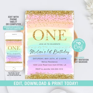 Editable Rainbow Birthday Invitation, Pastel Rainbow Invitation, Pastel Rainbow Party, girl 1st Birthday Invitation Template, 1st birthday
