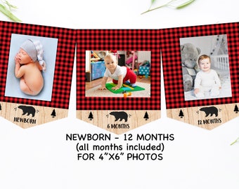 Lumberjack First Birthday Banner Monthly, 12month Photo banner, Lumberjack 1st Birthday, Buffalo Plaid Party Decor, Printable