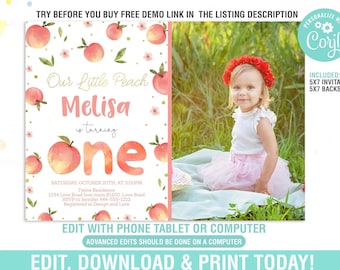Peach First Birthday Party Invitation EDITABLE,Sweet As A Peach Invitation,Peach Birthday Invite,Little Peach Birthday Invite,Digital