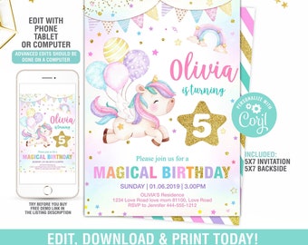 Unicorn Birthday Invitation Editable Any Age,Unicorn Party, Unicorn Birthday Invitations, Magical Unicorn Invitation Templete Digital