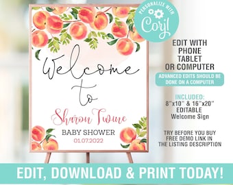 Peach Baby Shower Welcome Sign EDITABLE, Sweet Little Peach Baby Shower Welcome Printable Sign,Peach Welcome Poster,Digital,Instant Download