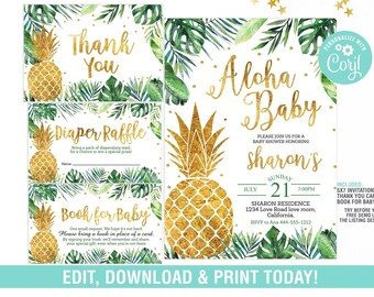 May include: A set of baby shower stationery with a tropical theme. The design features gold pineapples, green leaves, and the words "Aloha Baby," "Thank You," "Diaper Raffle," and "Book for Baby." The invitation includes event details.