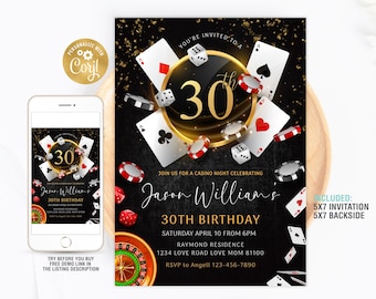 Casino Birthday Birthday Invitation Editable, Poker Birthday Party Invite, 21st 30th 40th 50th Adult Casino Night Birthday Instant Download