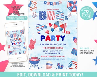 May include: A digital invitation for a 4th of July BBQ and Pool Party. The invitation features a red, white, and blue color scheme with stars, fireworks, and a grill. The text on the invitation reads "BBQ & Pool Party" and includes the date, time, and location of the party. The invitation also includes a note to bring a swimsuit and towel.