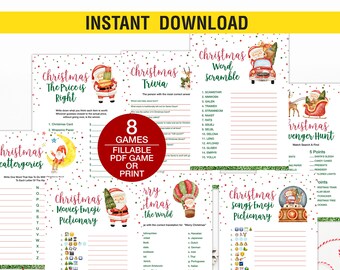 May include: A collection of eight printable Christmas games, including trivia, word scramble, and pictionary. The games feature festive illustrations and are designed for fillable PDF or print use. The text "Instant Download" is at the top.