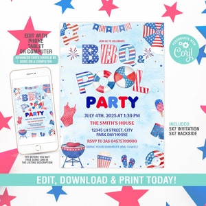 4th July BBQ Pool Party Invitation Template, July Fourth Swimming Party Invite, Editable Independence Day Invitation, Patriotic Digital