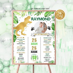 Dinosaur Milestone Sign, 1st Birthday Milestone Board, T-Rex First Birthday Chalkboard, Editable Dinosaur Birthday Poster Photo, Digital