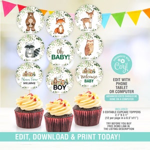 Woodland Cupcake Toppers EDITABLE, Woodland Baby Shower Cupcake Topper Deco, Woodland Animal Printable Topper Template, Instant Download