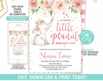 A Little Peanut is on the Way  EDITABLE, Baby Elephant Girl Shower Invite, Elephant Theme, Instant Download