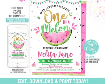 EDITABLE Watermelon Invitation,One in a Melon Birthday Invitations Girl,1st Birthday Invitation, Pink Watermelon Party Invite,First Birthday