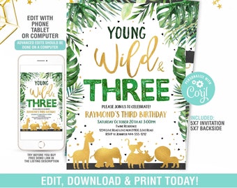 Young Wild and Three Birthday Invitation, Safari Birthday Invitation, Jungle 3rd Birthday Party Invite, Wild Animal Invite Instant Download