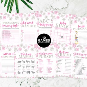 Lot de jeux de baby shower flocon de neige argent rose, flocon de neige baby shower d'hiver baby shower fille paquet de baby shower imprimable
