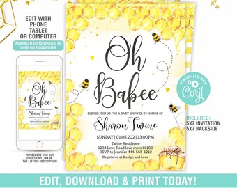 Bee Baby Shower Invitation EDITABLE, Oh Baby Baby Shower Invite, Bee Theme Digital Invite, Instant Download