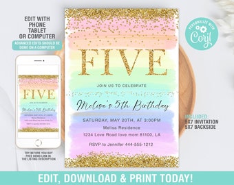 Editable Rainbow Birthday Invitation, Pastel Rainbow Invitation, Pastel Rainbow Party, Girl 5th Birthday Invitation Template