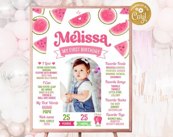 Può includere: Un poster rosa e verde per il primo compleanno a tema anguria. Il poster presenta una foto di una bambina, il suo nome "Melissa", e dettagli sul suo primo anno, tra cui il suo peso, l'altezza e il numero di denti. Il poster include anche un elenco dei suoi cibi, canzoni, libri e giocattoli preferiti.