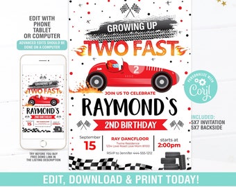 Race Car Birthday Invitation EDITABLE,  Car Birthday Invite, Two Fast Invitation Second Birthday, Instant Download