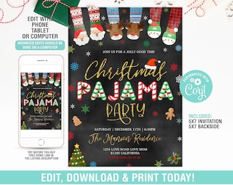 Christmas Pajama Party Invitation EDITABLE, Holiday Christmas Party Invite, Kids Christmas Invite, Digital, Instant Download
