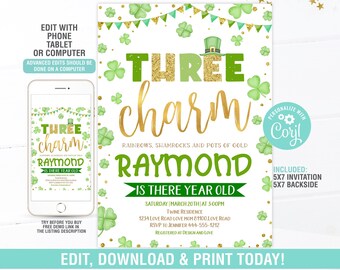 Three Charm Birthday Invitation EDITABLE, St Patrick Birthday invite, 3rd Birthday Invite, Shamrock Invitation Instant Download