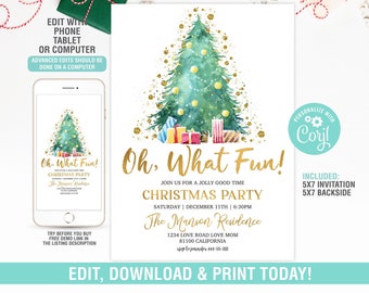 Könnte beinhalten: Eine Weihnachtsfeier-Einladung mit einer Aquarell-Illustration eines Weihnachtsbaums mit goldenem Glitzer und Geschenken. Der Text lautet "Oh, What Fun!" und enthält Datum, Uhrzeit und Ort der Feier. Die Einladung ist mit Corjl anpassbar.