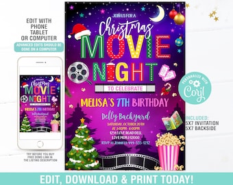 Movie NighT Christmas Invitation EDITABLE, Holiday Movie Night Invitation,Pajama Movie Birthday, Sleep Over Invite, Digital Instant Download