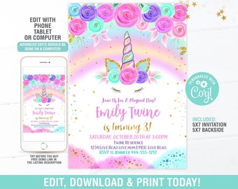 Unicorn birthday invitation, Unicorn birthday invitation template, Editable unicorn birthday invitation, Unicorn Invitation