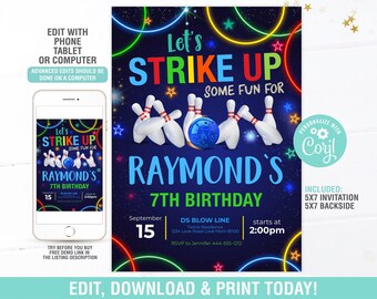 Editable Bowling Birthday Invitation Template, Bowling Party Invite, Bowling Birthday Invitation, Digital Instant Download