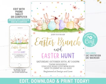 May include: An editable Easter brunch and egg hunt invitation featuring a watercolour illustration of bunnies holding colourful eggs. The invitation is decorated with confetti and stars. The text on the invitation reads "Join us for an Easter Brunch and Easter Hunt" and includes the date, time, location, and RSVP information.