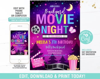 Movie Night Invitation EDITABLE, Backyard Movie Night Invitation, Outdoor Movie Birthday, Sleep Over Invite, Digital Instant Download