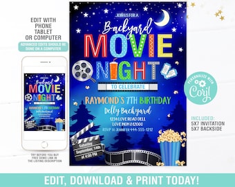 Movie Night Invitation EDITABLE, Backyard Movie Night Invitation, Outdoor Movie Birthday, Sleep Over Invite, Digital Instant Download