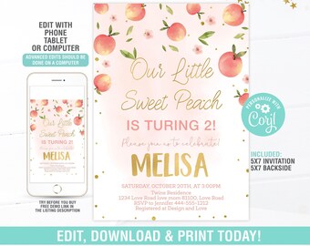 Peach First Birthday Party Invitation EDITABLE,Sweet As A Peach Invitation,Peach Birthday Invite,Little Peach Birthday Invite,Digital