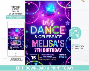 Uitnodiging voor verjaardagsfeestje dans BEWERKBAAR, disco verjaardagsuitnodiging, discofeest, dans uitnodigen, Instant Download