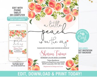Invitación para baby shower con tema de melocotón EDITABLE, La dulce melocotón está en camino, Baby Shower con tema de melocotón, Digital