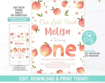 Peach First Birthday Party Invitation EDITABLE,Sweet As A Peach Invitation,Peach Birthday Invite,Little Peach Birthday Invite,Digital