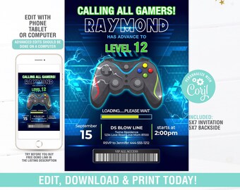 Convite de aniversário de videogame editável, convite para festa de jogos, convite de aniversário de jogador para impressão, download instantâneo