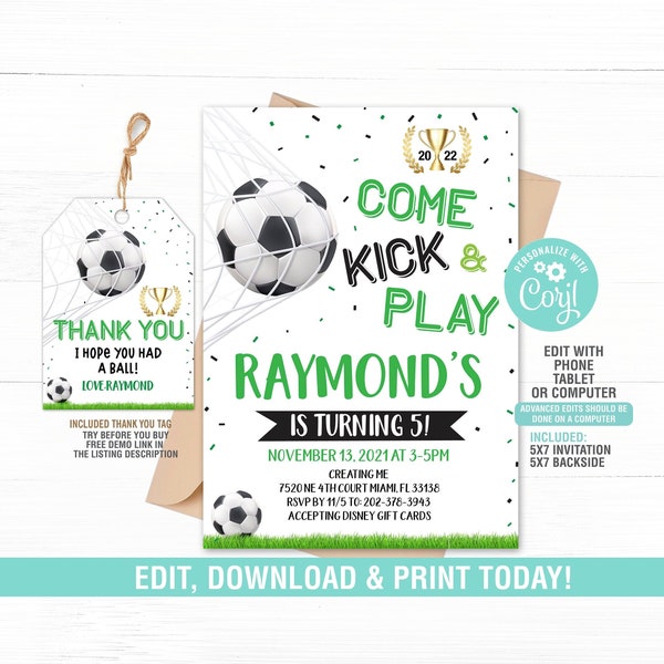 Soccer Birthday Invitation EDITABLE, Soccer Invitation, Soccer Favor Tag, Soccer Birthday Party Set, Instant Download