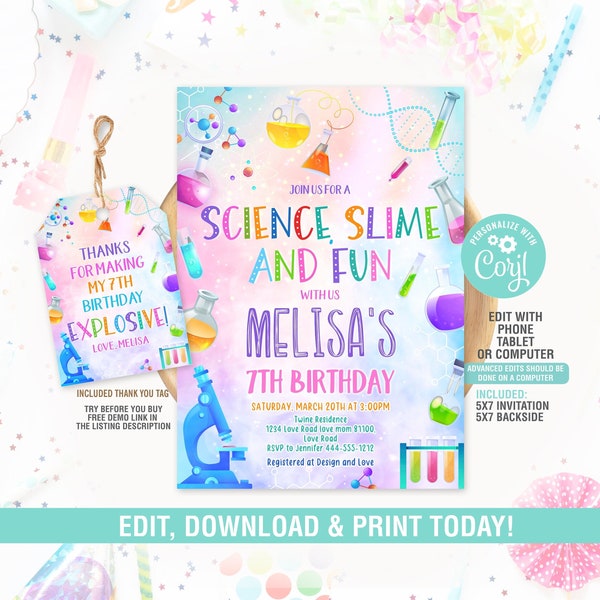 Science Birthday Invitation, Science Slime Party Invitation, Lab Party, Instant Download