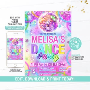 Dance Birthday Party Invitation EDITABLE,Disco Birthday invitation,Dance Tie Dye Invitation, Rainbow Disco Birthday Invite, Instant Download