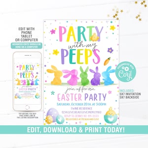 Easter egg Hunt Invitation EDITABLE,Party with Peeps, Easter Bunny Invite, Gold Easter Egg, Easter Party Invite, Instant Download