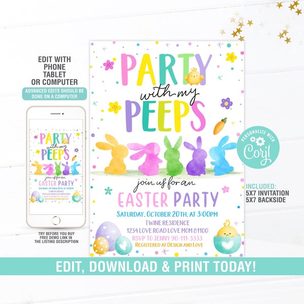 Easter egg Hunt Invitation EDITABLE,Party with Peeps, Easter Bunny Invite, Gold Easter Egg, Easter Party Invite, Instant Download